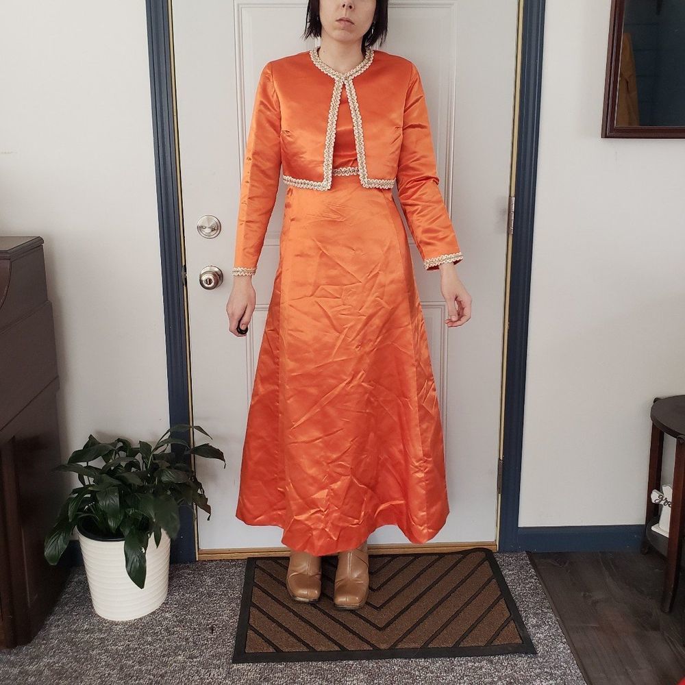 70s Handmade Orange Satin Dress and Jacket - Picture 4 of 5